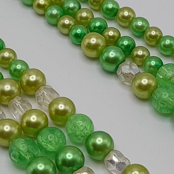 Vintage Green Faux Pearl Clear Bead Necklace, 1950s, Three Strands, 18" - Picture 11 of 13